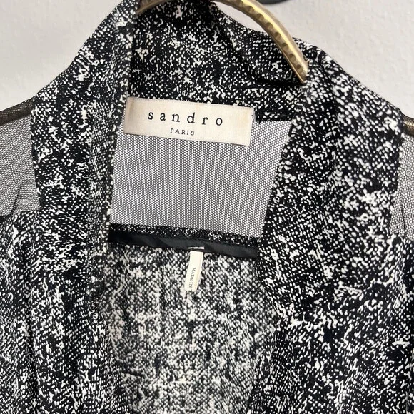 Sandro Paris Faux Wrap Dress Drop Waist Pleated Sleeveless Black White Sz 1 - Picture 3 of 6